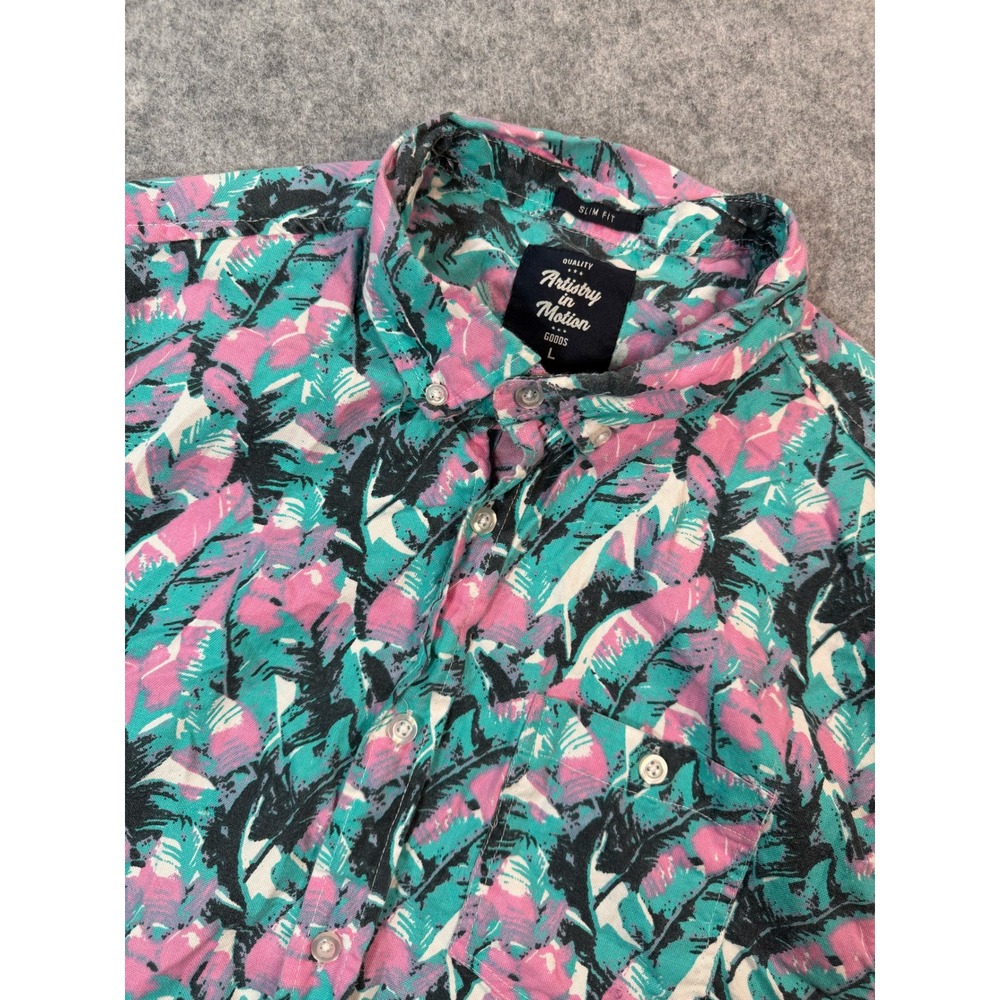 Artistry in Motion Mens Slim Fit Tropical Leaf Button Down Shirt Pink Teal Large